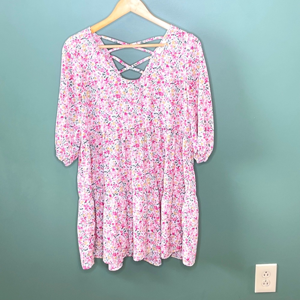 Umgee Pink Floral Babydoll Dress 3/4 Sleeve Crisscross Back Tiered Mini Small